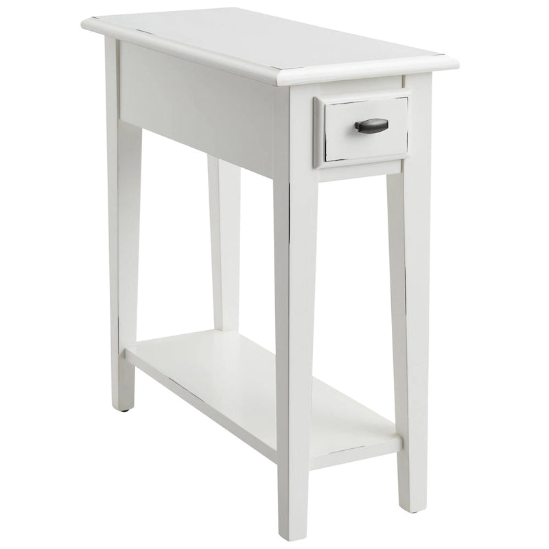 Table d'appoint étroite pour chaise avec un tiroir et une étagère inférieure en frêne massif plaqué chêne