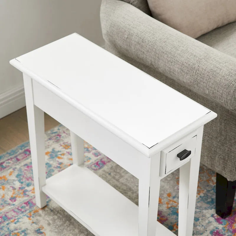 Table d'appoint étroite pour chaise avec un tiroir et une étagère inférieure en frêne massif plaqué chêne