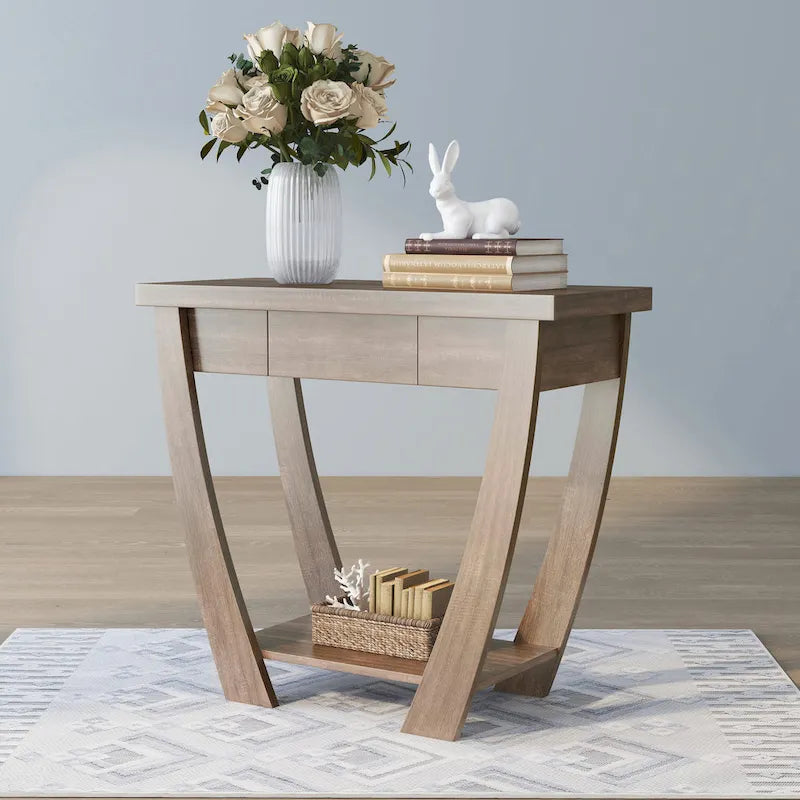 Console d'entrée à pieds courbés un tiroir étagère ouverte MDF plaqué bois