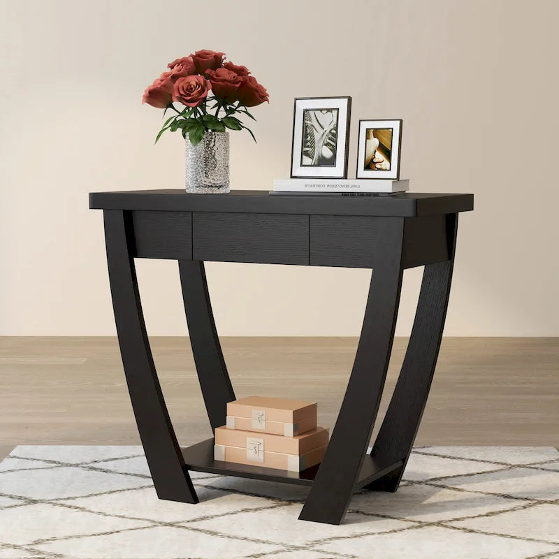 Console d'entrée à pieds courbés un tiroir étagère ouverte MDF plaqué bois