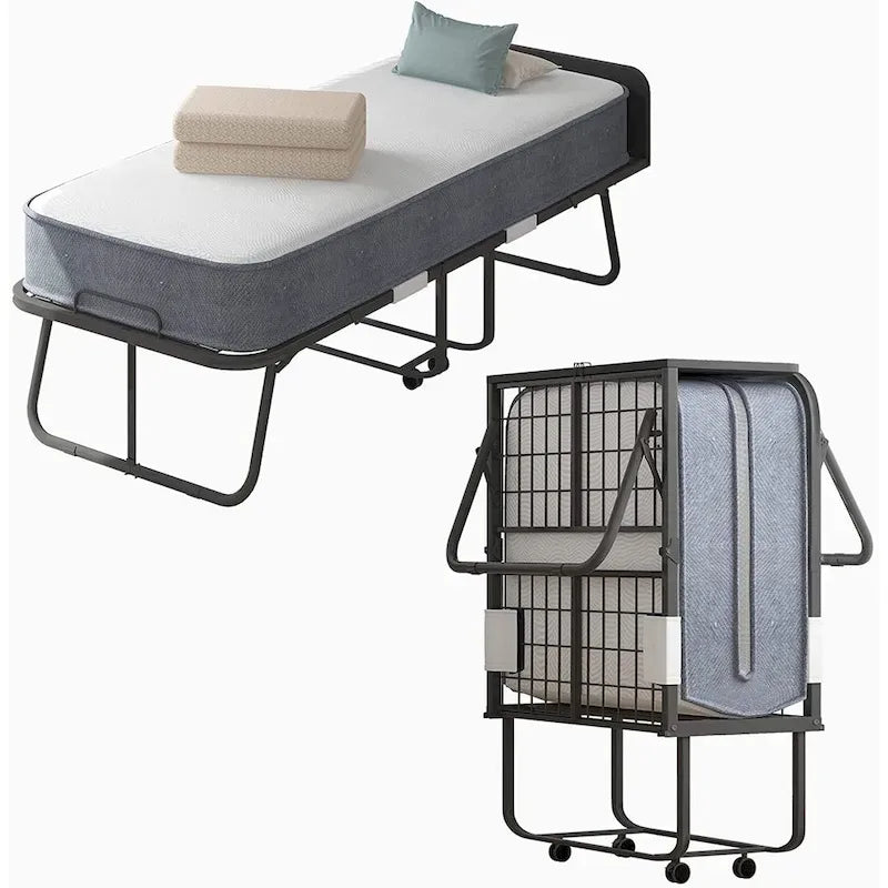Lit pliant portable, cadre en acier, matelas en mousse de 12,7 cm, roulettes pivotantes à 360°