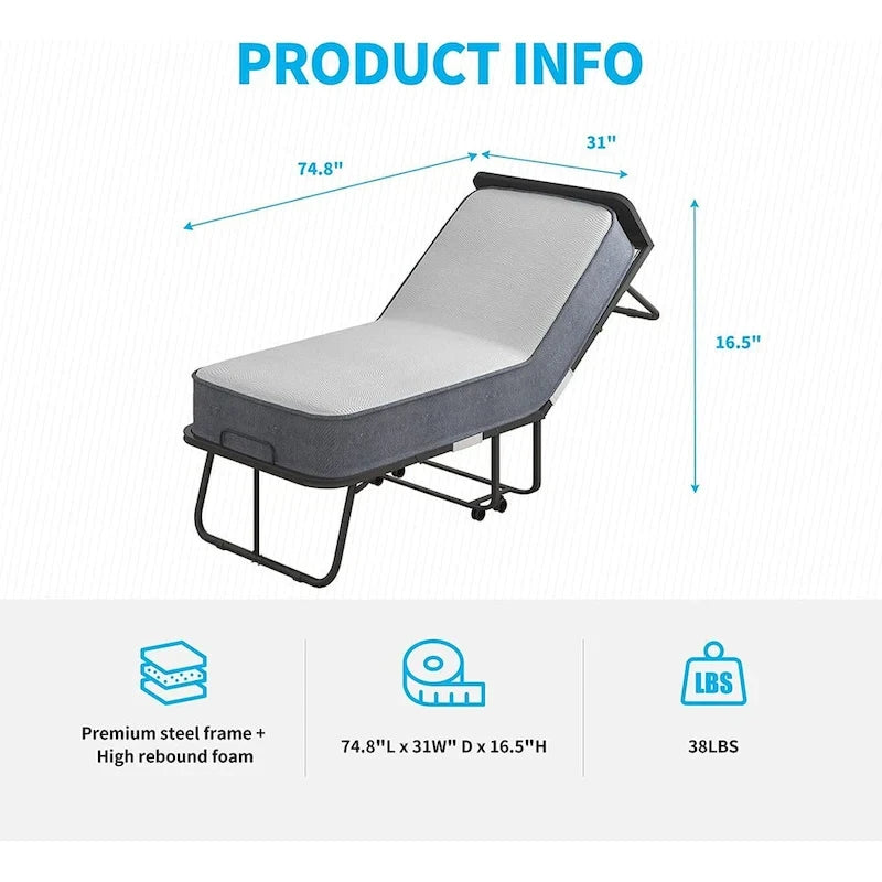 Lit pliant portable, cadre en acier, matelas en mousse de 12,7 cm, roulettes pivotantes à 360°