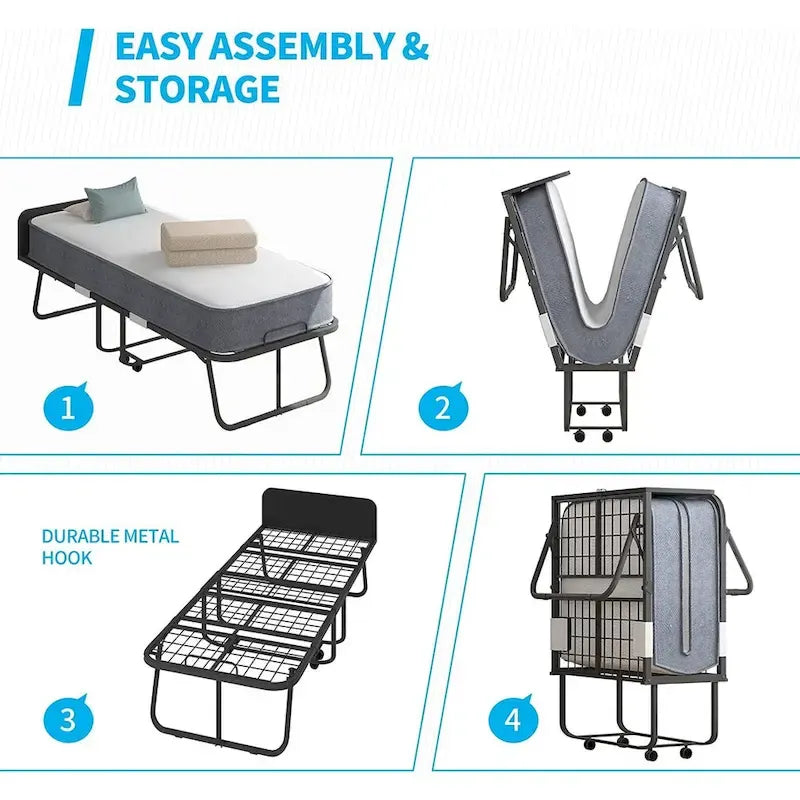 Lit pliant portable, cadre en acier, matelas en mousse de 12,7 cm, roulettes pivotantes à 360°
