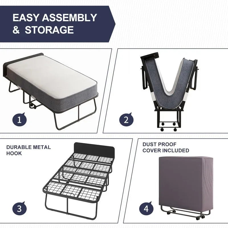 Lit pliant portable, cadre en acier, matelas en mousse de 12,7 cm, roulettes pivotantes à 360°