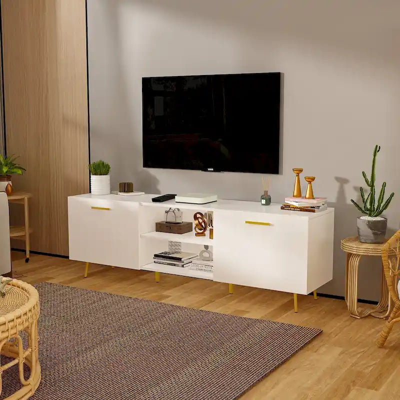 Meuble TV moderne du milieu du siècle, armoire à deux portes, étagères ouvertes, pieds dorés