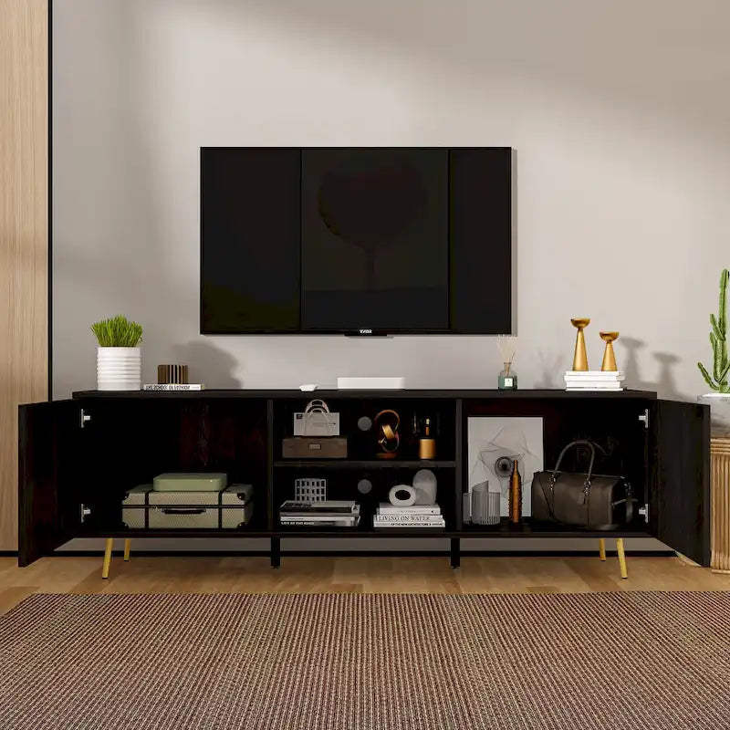 Meuble TV moderne du milieu du siècle, armoire à deux portes, étagères ouvertes, pieds dorés