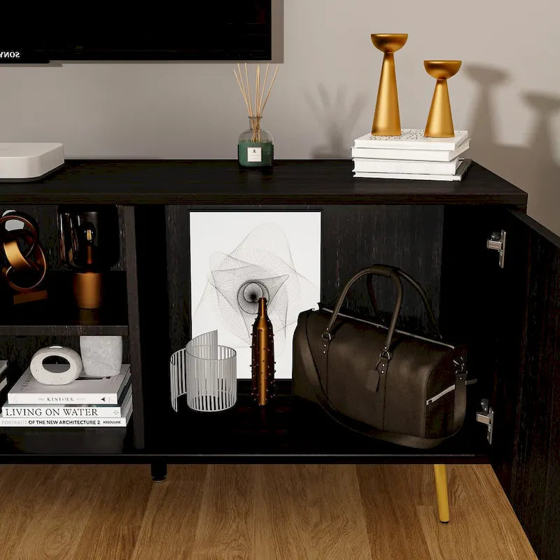 Meuble TV moderne du milieu du siècle, armoire à deux portes, étagères ouvertes, pieds dorés