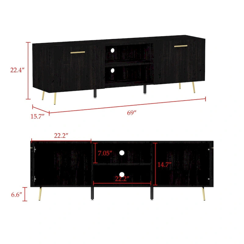 Meuble TV moderne du milieu du siècle, armoire à deux portes, étagères ouvertes, pieds dorés