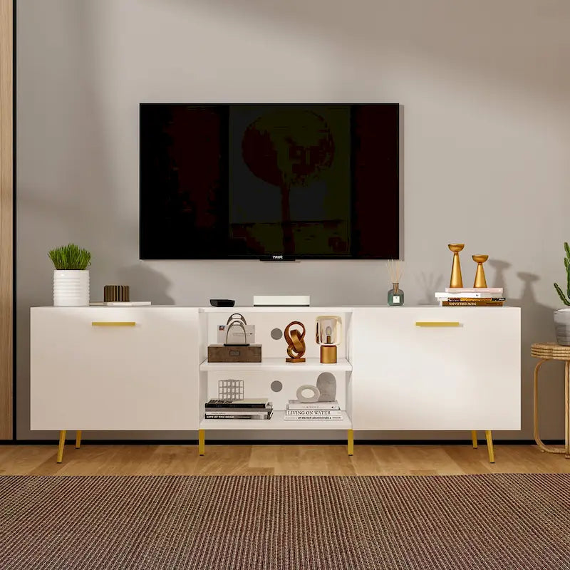 Meuble TV moderne du milieu du siècle, armoire à deux portes, étagères ouvertes, pieds dorés