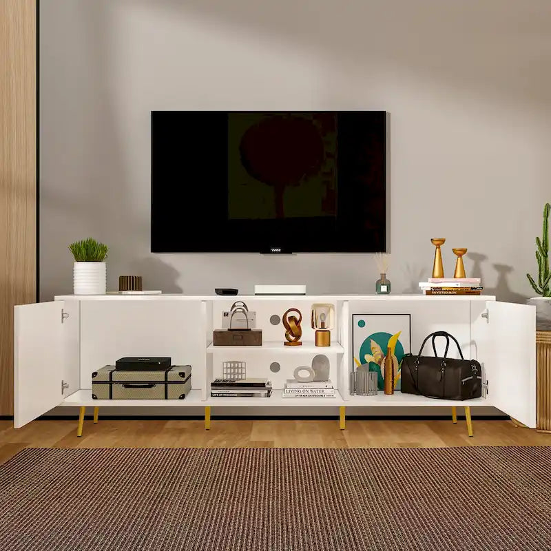 Meuble TV moderne du milieu du siècle, armoire à deux portes, étagères ouvertes, pieds dorés