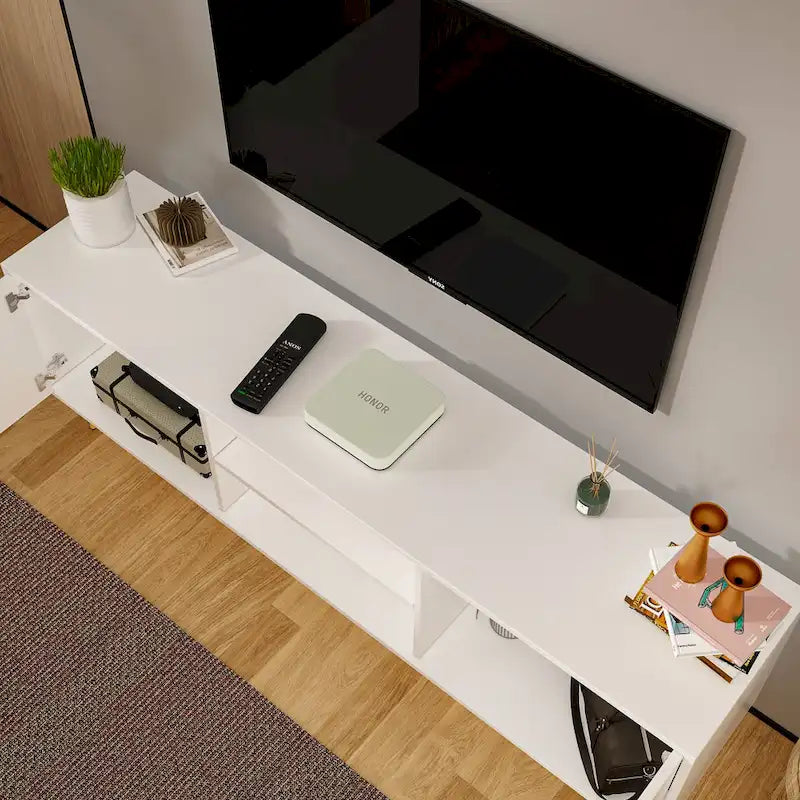 Meuble TV moderne du milieu du siècle, armoire à deux portes, étagères ouvertes, pieds dorés