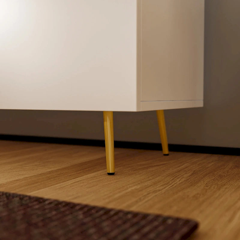 Meuble TV moderne du milieu du siècle, armoire à deux portes, étagères ouvertes, pieds dorés