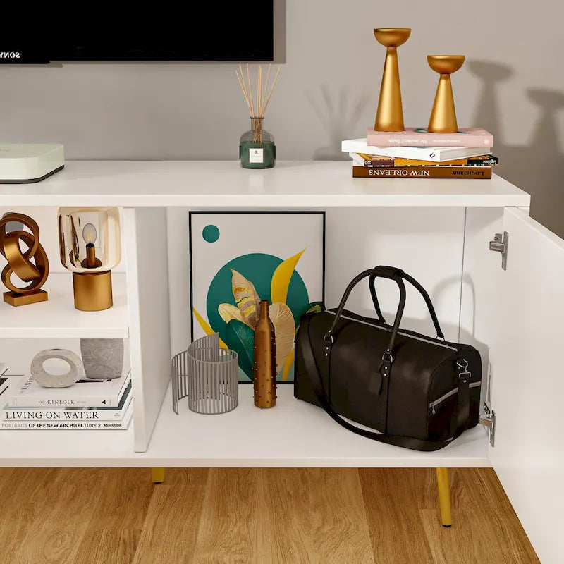 Meuble TV moderne du milieu du siècle, armoire à deux portes, étagères ouvertes, pieds dorés