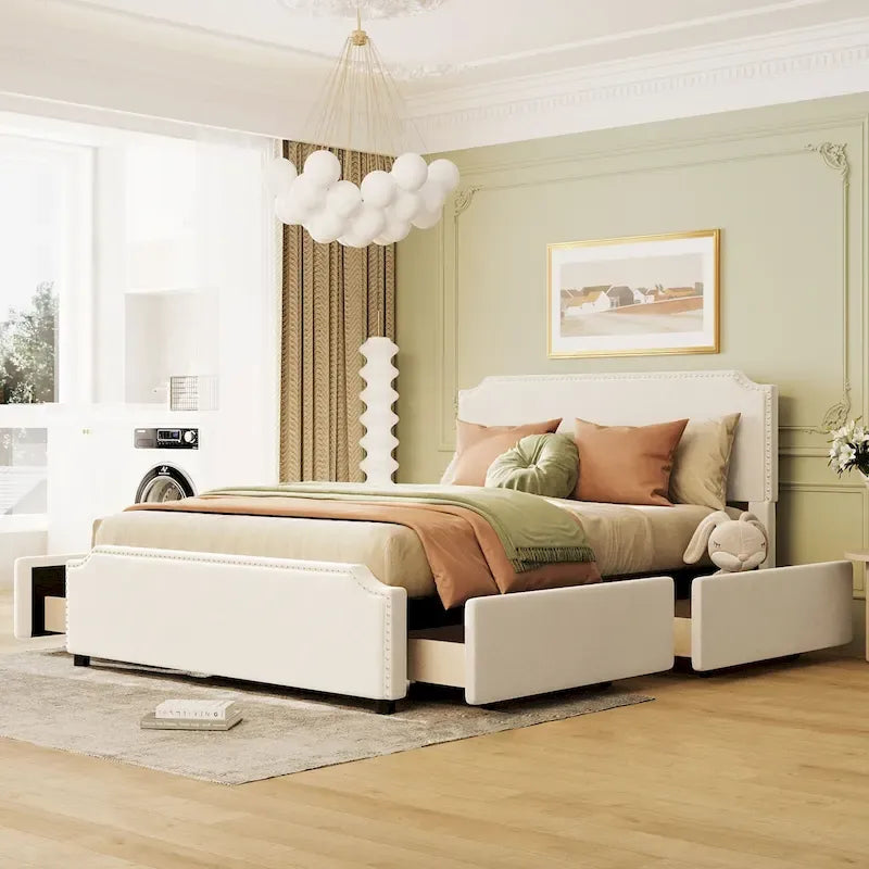 Lit plateforme grand format en velours capitonné avec clous décoratifs et quatre tiroirs de rangement