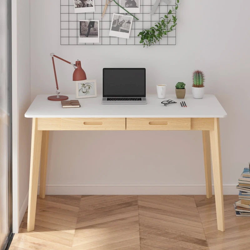 Bureau classique Deux tiroirs coulissants Pieds en bois massif Plateau en MDF