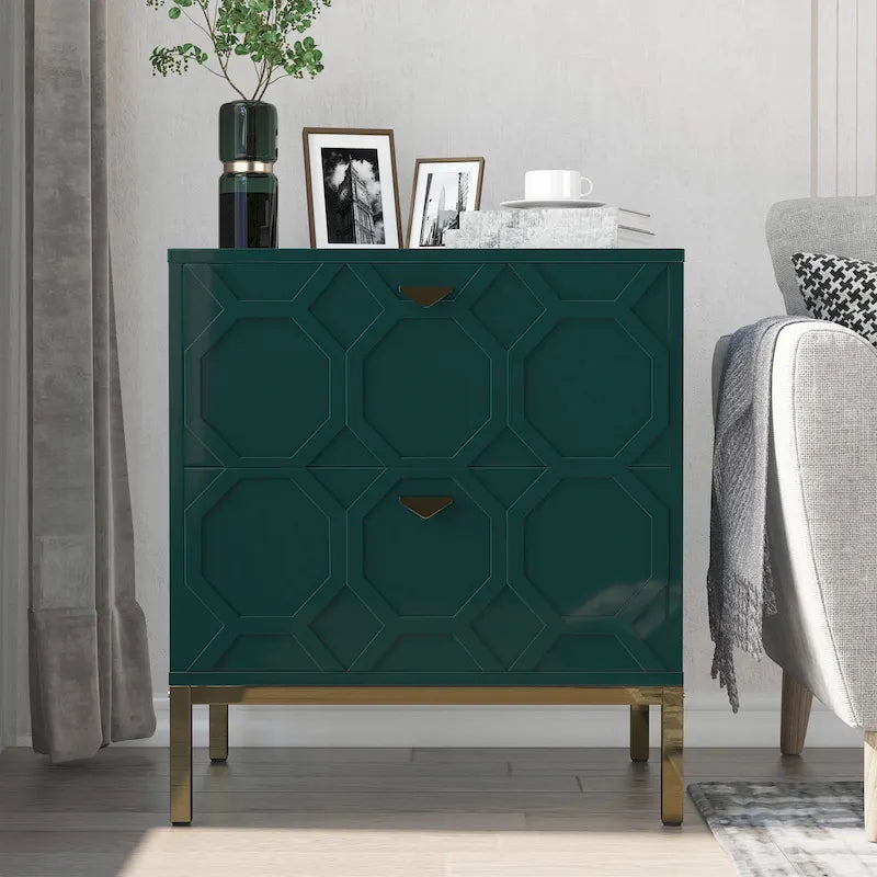 Table de chevet à deux tiroirs, panneau en relief nid d'abeille, base en métal doré, peinture PU