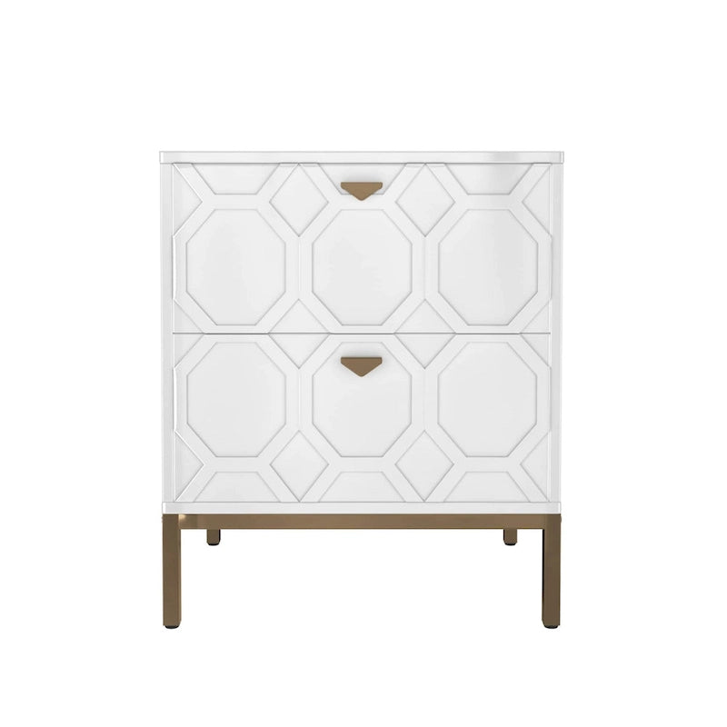 Table de chevet à deux tiroirs, panneau en relief nid d'abeille, base en métal doré, peinture PU