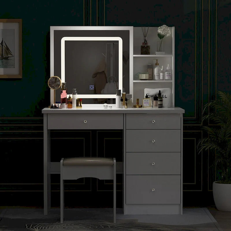 Coiffeuse de Maquillage Blanche avec Miroir Tactile LED et Tiroirs de Rangement