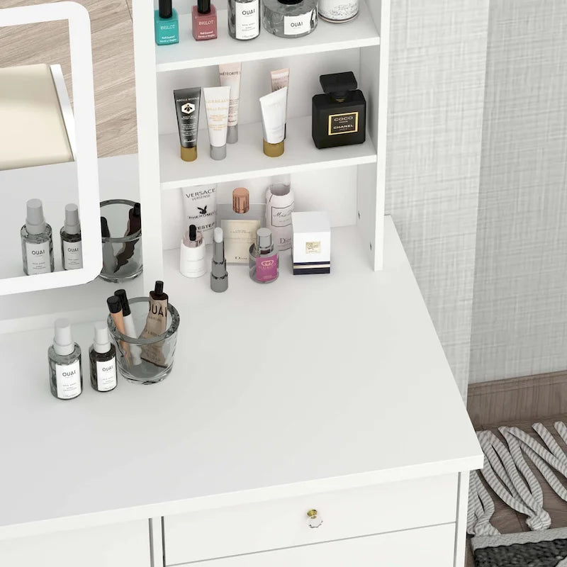 Coiffeuse de Maquillage Blanche avec Miroir Tactile LED et Tiroirs de Rangement