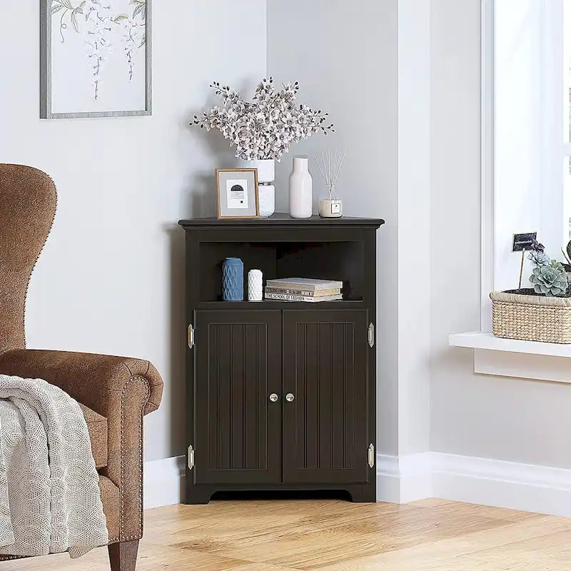 Meuble d'angle de rangement autoportant avec deux portes et étagère ouverte en MDF