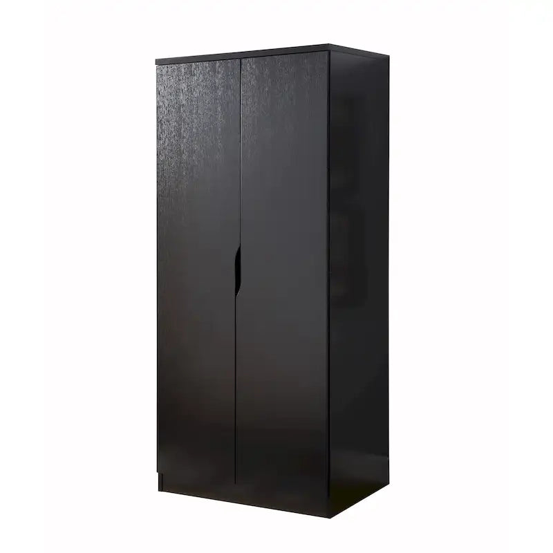 Armoire à deux portes moderne avec penderie, étagères et poignées découpées