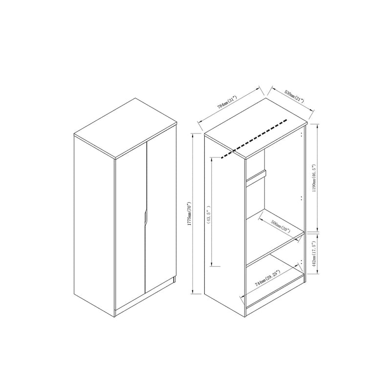 Armoire à deux portes moderne avec penderie, étagères et poignées découpées