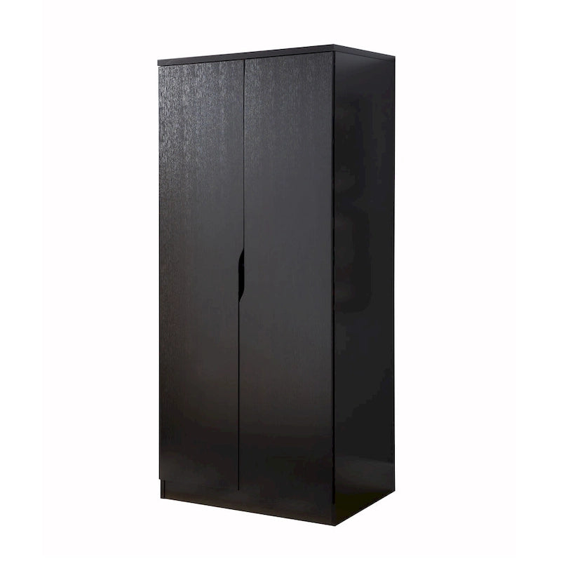Armoire à deux portes moderne avec penderie, étagères et poignées découpées