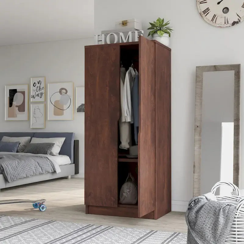 Armoire à deux portes moderne avec penderie, étagères et poignées découpées
