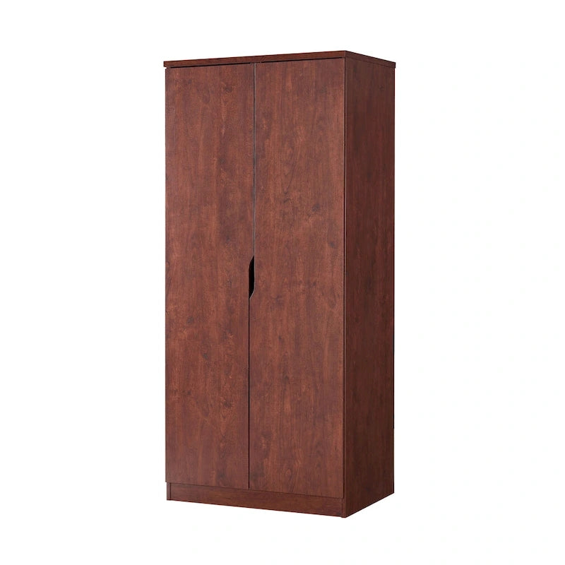 Armoire à deux portes moderne avec penderie, étagères et poignées découpées