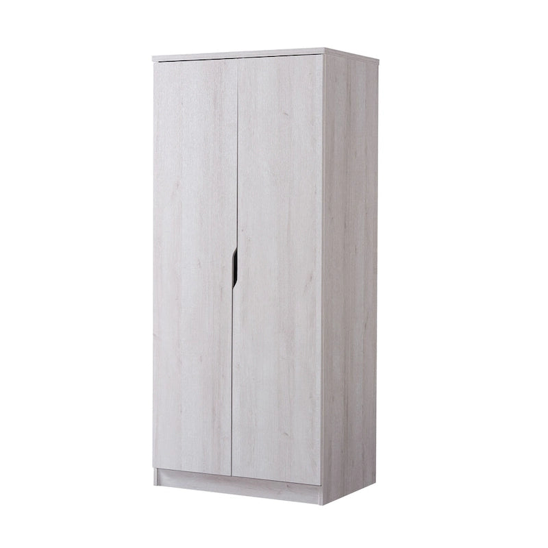 Armoire à deux portes moderne avec penderie, étagères et poignées découpées
