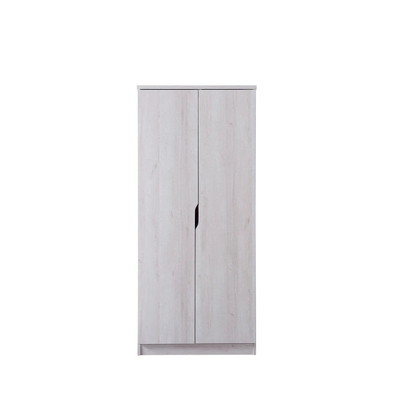 Armoire à deux portes moderne avec penderie, étagères et poignées découpées