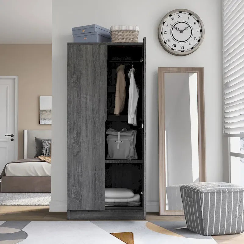 Armoire à deux portes moderne avec penderie, étagères et poignées découpées