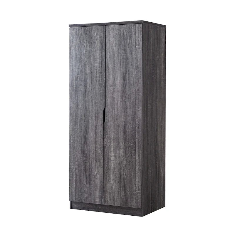 Armoire à deux portes moderne avec penderie, étagères et poignées découpées
