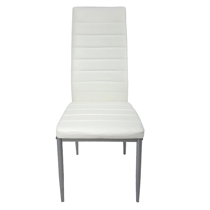 Chaise de salle à manger contemporaine, dossier haut, capitonnée linéaire, revêtement PVC, piètement en acier, blanc