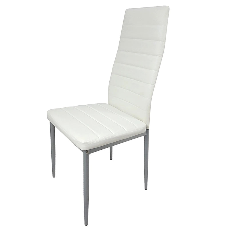 Chaise de salle à manger contemporaine, dossier haut, capitonnée linéaire, revêtement PVC, piètement en acier, blanc