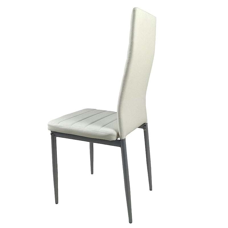 Chaise de salle à manger contemporaine, dossier haut, capitonnée linéaire, revêtement PVC, piètement en acier, blanc