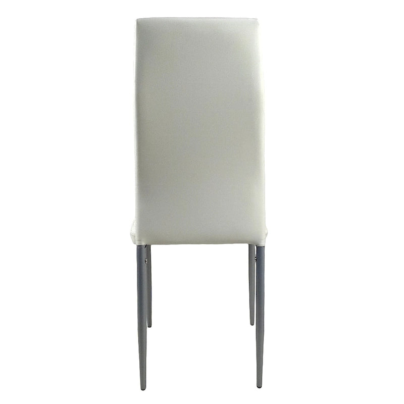 Chaise de salle à manger contemporaine, dossier haut, capitonnée linéaire, revêtement PVC, piètement en acier, blanc