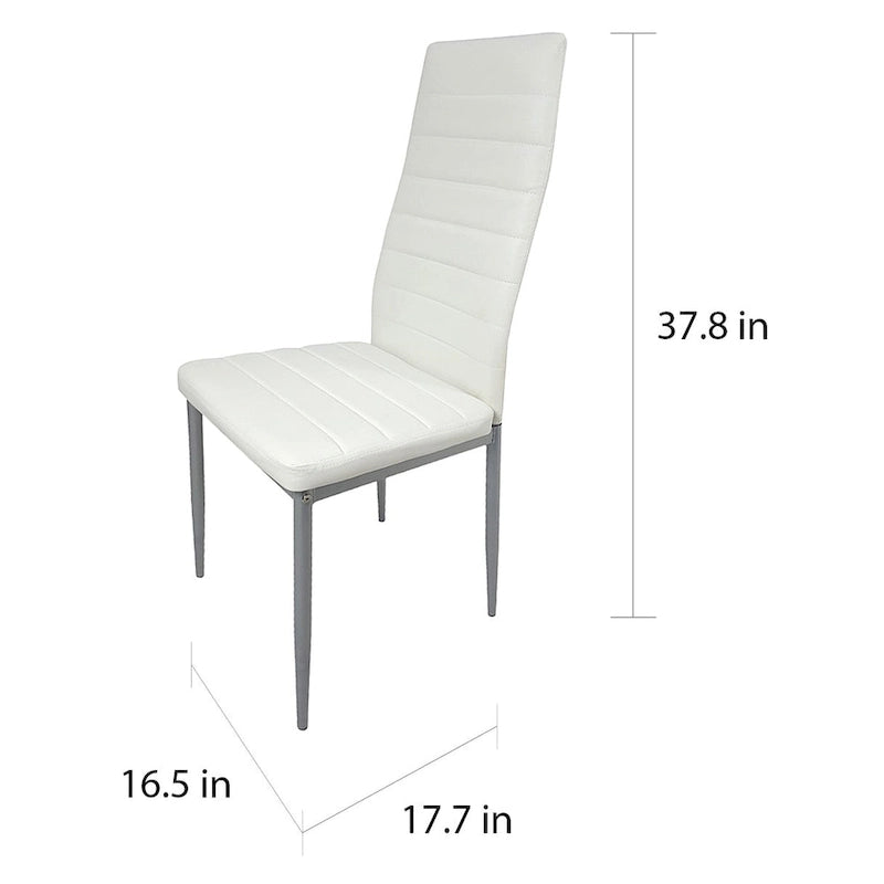 Chaise de salle à manger contemporaine, dossier haut, capitonnée linéaire, revêtement PVC, piètement en acier, blanc