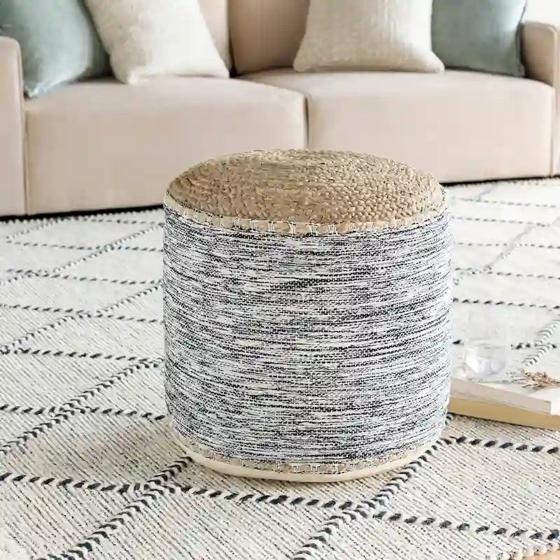 Pouf Cylindrique Côtier Tressé en Coton et Jute avec Housse Amovible Style Ferme