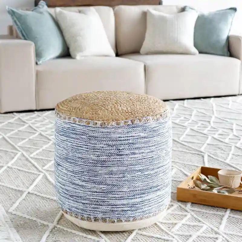 Pouf Cylindrique Côtier Tressé en Coton et Jute avec Housse Amovible Style Ferme