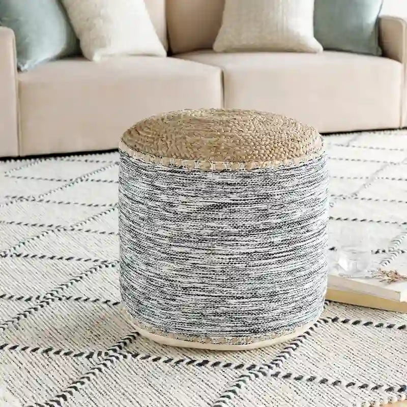 Pouf Cylindrique Côtier Tressé en Coton et Jute avec Housse Amovible Style Ferme