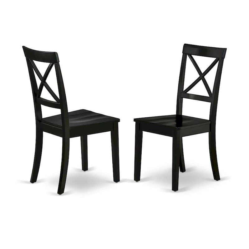 Chaise de salle à manger en bois massif d'hévéa à dossier croisé, assise en bois, pieds noirs.
