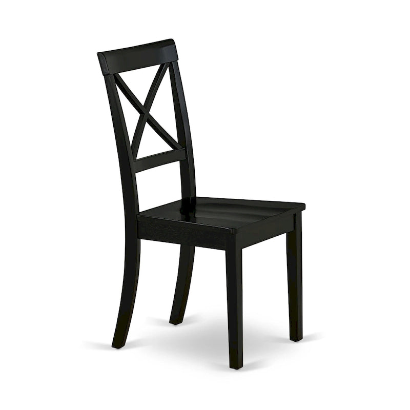 Chaise de salle à manger en bois massif d'hévéa à dossier croisé, assise en bois, pieds noirs.