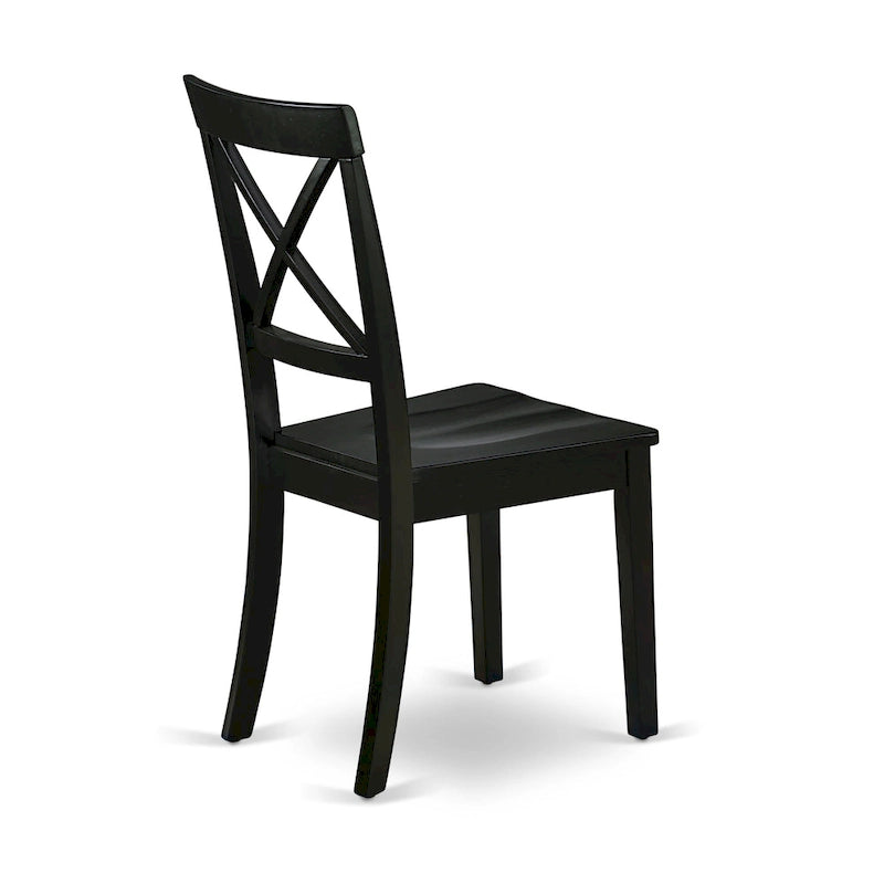 Chaise de salle à manger en bois massif d'hévéa à dossier croisé, assise en bois, pieds noirs.