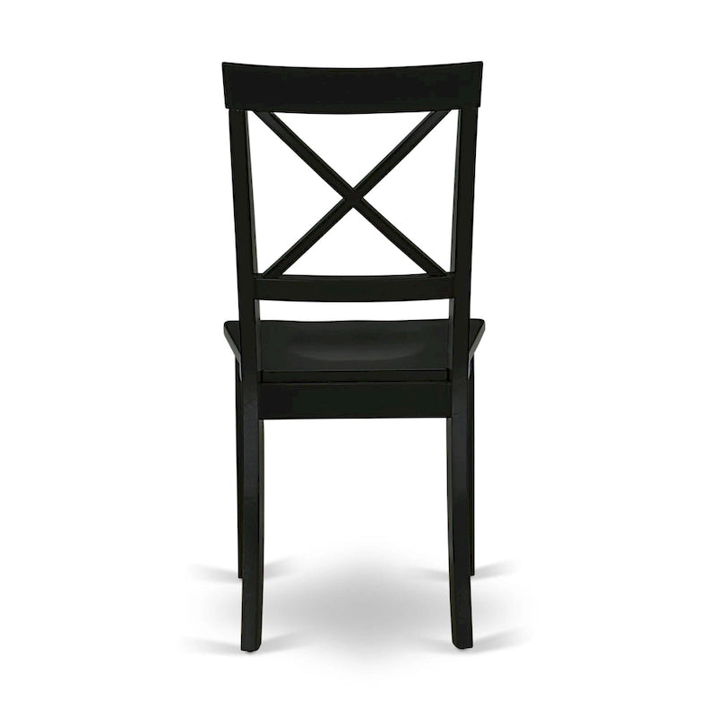 Chaise de salle à manger en bois massif d'hévéa à dossier croisé, assise en bois, pieds noirs.