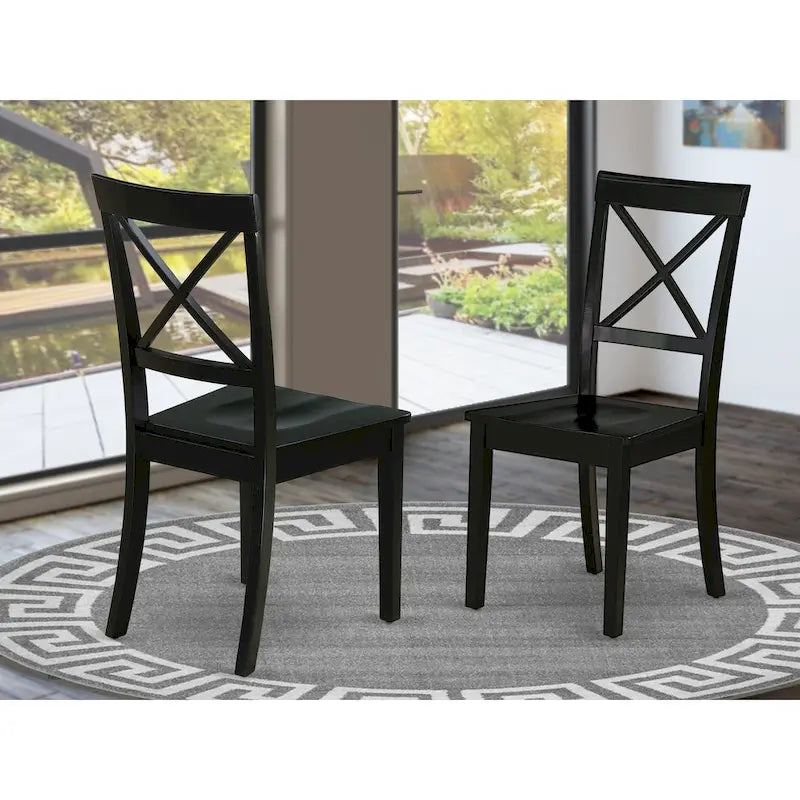 Chaise de salle à manger en bois massif d'hévéa à dossier croisé, assise en bois, pieds noirs.