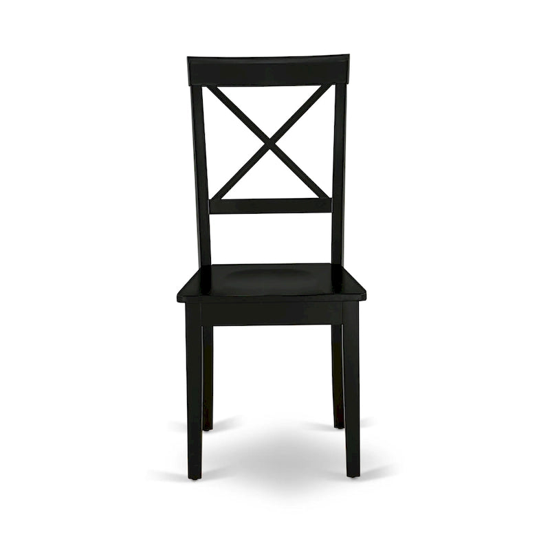 Chaise de salle à manger en bois massif d'hévéa à dossier croisé, assise en bois, pieds noirs.