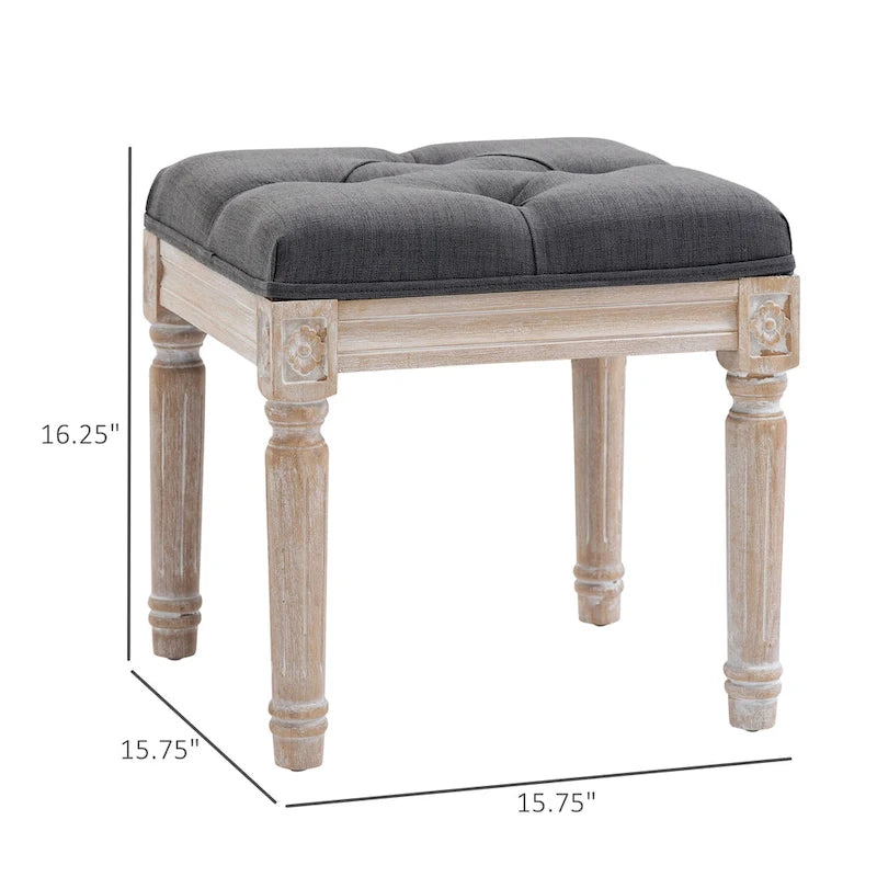 Pouffe carré capitonné en lin avec pieds sculptés en hévéa de 40 cm
