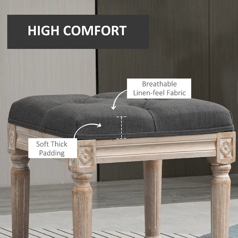 Pouffe carré capitonné en lin avec pieds sculptés en hévéa de 40 cm