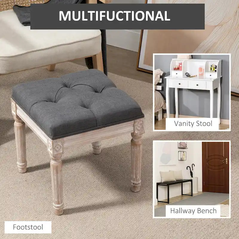 Pouffe carré capitonné en lin avec pieds sculptés en hévéa de 40 cm